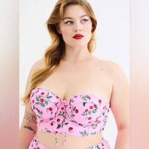 Torrid Retro Chic Pink Cherry Longline Bustier Pin-up Bikini Top 4X DD F NWT